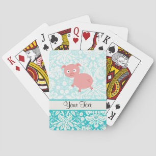 Cute Pink Pig; Teal Damask Playing Cards