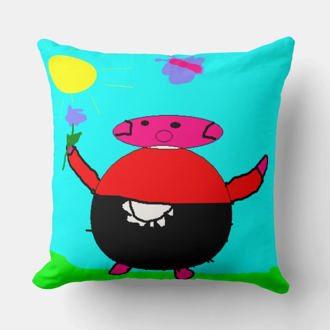 Cute Pink Pig with sun flower & butterfly, Art Throw Pillow (Front)