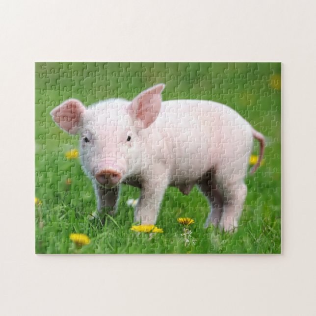 Cute Pink Piglet and Dandelion Flowers Jigsaw Puzzle (Horizontal)