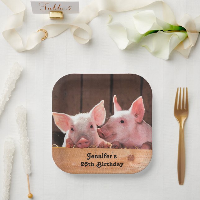 Cute Pink Piglets Animal Photograph Birthday Paper Plate (Wedding)