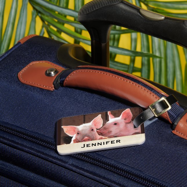 Cute Pink Piglets Animal Photograph Luggage Tag (Front Insitu 3)