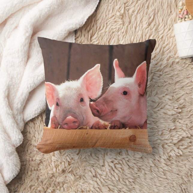 Cute Pink Piglets Animal Photograph Throw Pillow (Blanket)
