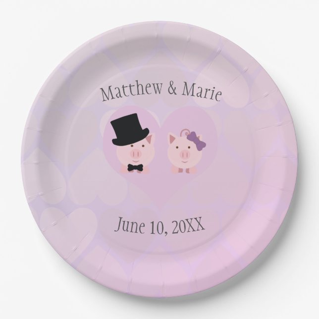 Cute Pink Pigs in  Love Heart Pattern Background Paper Plate (Front)