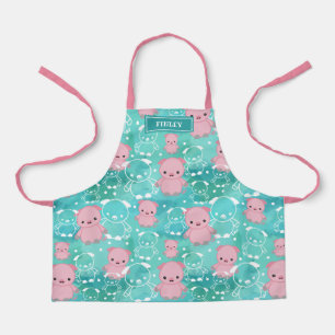 Cute Pink Pigs Teal Watercolor Pattern Name Apron