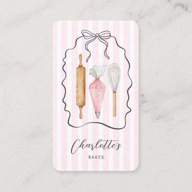 Cute Pink Pinstripe Ribbon Baker Pastry Chef  Business Card (Front)