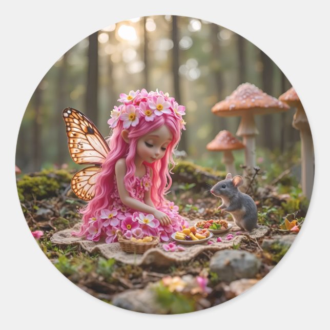 Cute Pink Pixie and Mouse Picnic Classic Round Sticker (Front)