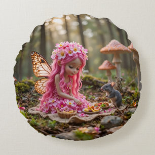 Cute Pink Pixie and Mouse Picnic Round Pillow