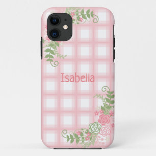 Cute Pink Plaid Floral Name iPhone 11 Case