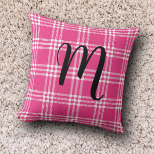 Cute Pink Plaid Monogram Initials Red Tartan Throw Pillow