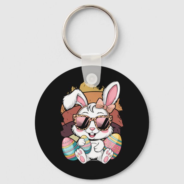 Cute Pink Plaid Pattern Easter Bunny Face Rabbit E Keychain (Front)