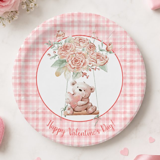 Cute Pink Plaid Valentine's Day Paper Plate (Cute Valentine's Day Plate)
