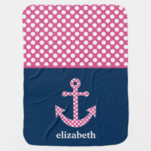 Cute Pink Polka Dot Anchor with Navy Custom Name Baby Blanket