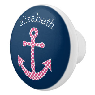 Cute Pink Polka Dot Anchor with Navy Custom Name Ceramic Knob