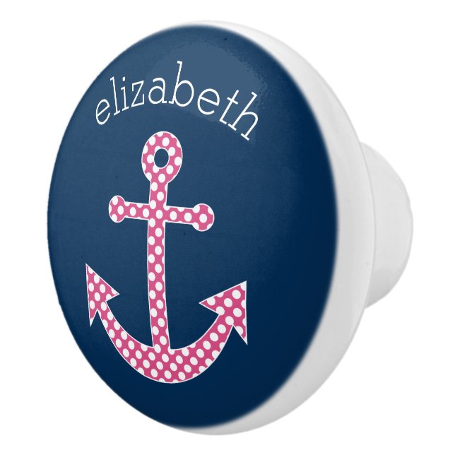 Cute Pink Polka Dot Anchor with Navy Custom Name Ceramic Knob (Right)
