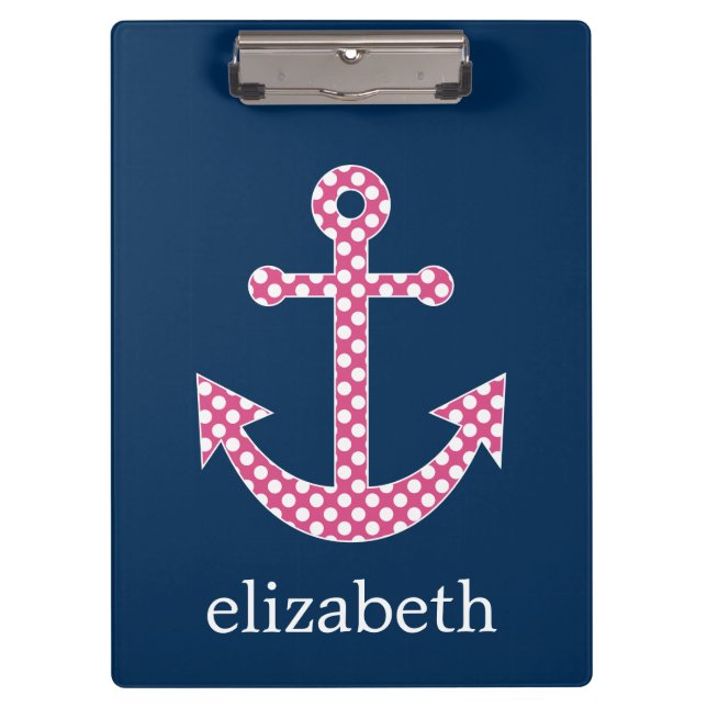 Cute Pink Polka Dot Anchor with Navy Custom Name Clipboard (Front)