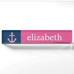 Cute Pink Polka Dot Anchor with Navy Custom Name Nameplate