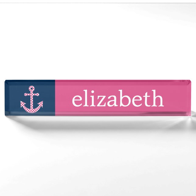 Cute Pink Polka Dot Anchor with Navy Custom Name Nameplate (Front)