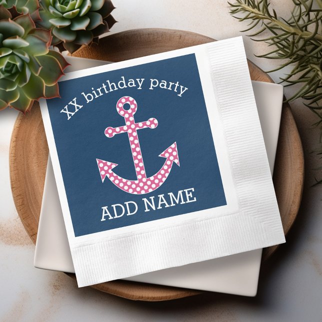 Cute Pink Polka Dot Anchor with Navy Custom Name Napkin (Personalized cocktail and dinner napkins)