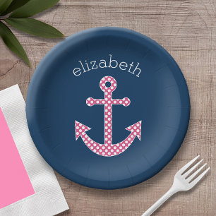 Cute Pink Polka Dot Anchor with Navy Custom Name Paper Plate
