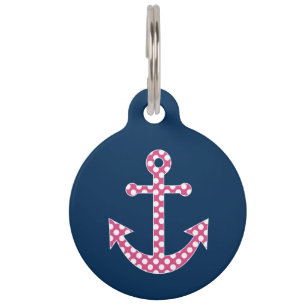 Cute Pink Polka Dot Anchor with Navy Custom Name Pet Tag