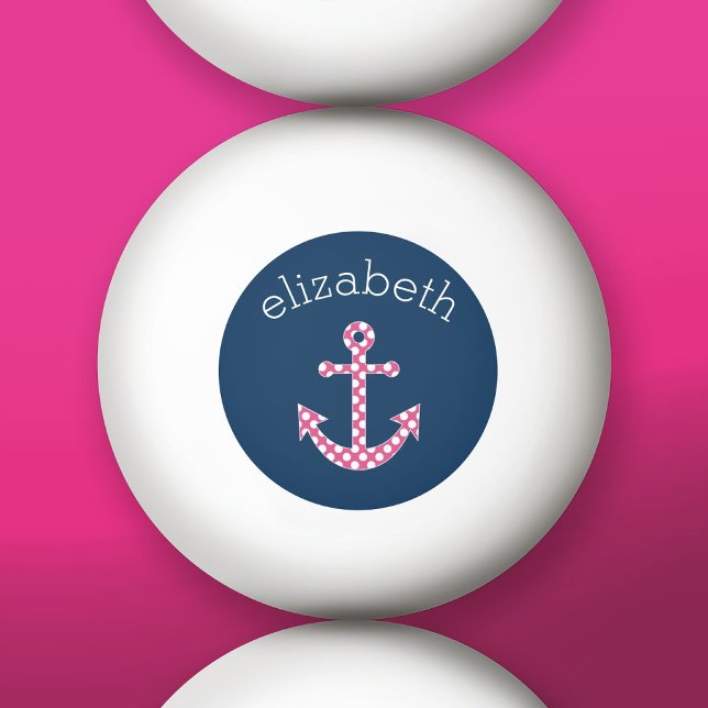 Cute Pink Polka Dot Anchor with Navy Custom Name Ping Pong Ball (Custom Ping Pong Balls)