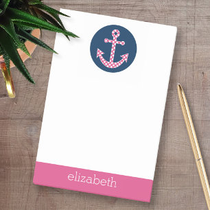 Cute Pink Polka Dot Anchor with Navy Custom Name Post-it Notes