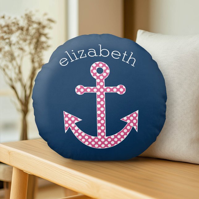Cute Pink Polka Dot Anchor with Navy Custom Name Round Pillow (Custom Monogram Pillow)