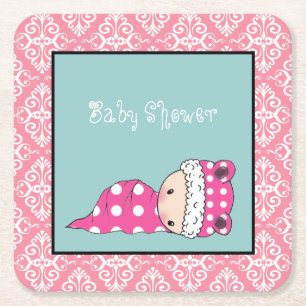 Cute Pink Polka Dot Baby Damask Border Square Paper Coaster