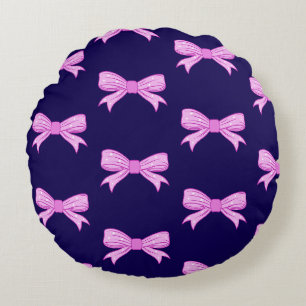Cute Pink Polka Dot Bow Illustration Kawaii Girly Round Pillow
