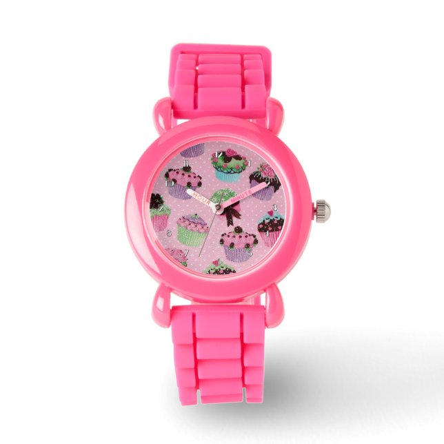 Cute Pink Polka Dot Cupcake Wrist Watch (Front)