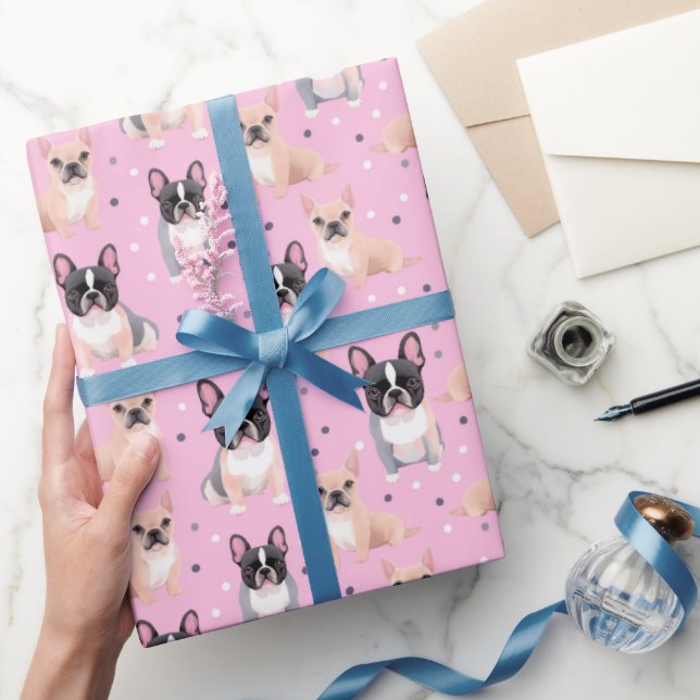 Cute Pink Polka Dot French Bulldog Wrapping Paper (Gifting)