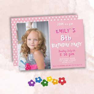 Cute Pink Polka Dot Girl Photo Birthday Invitation