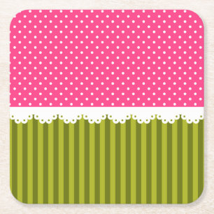 Cute Pink Polka Dot Green Stripes Pattern Square Paper Coaster