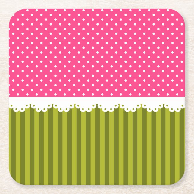 Cute Pink Polka Dot Green Stripes Pattern Square Paper Coaster (Front)