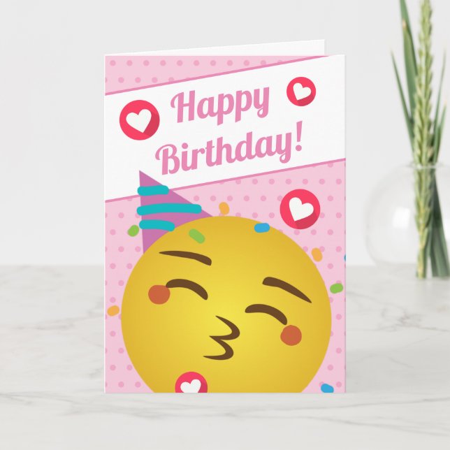 Cute Pink Polka Dot Kiss Emoji Happy Birthday  Card (Front)