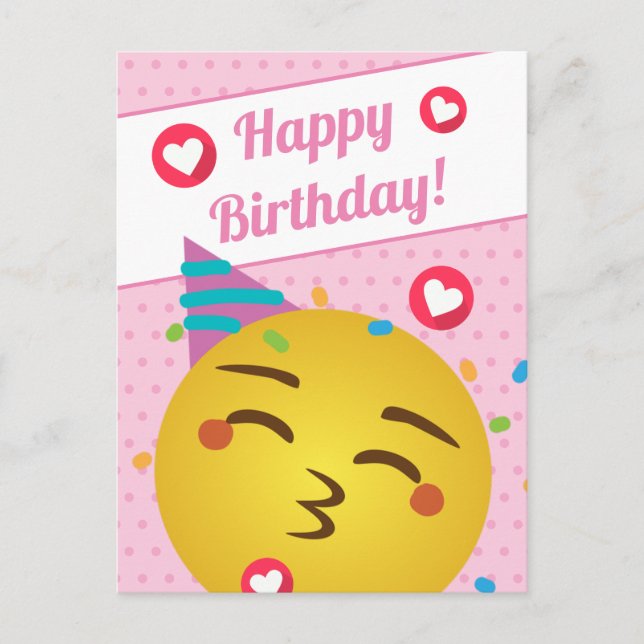 Cute Pink Polka Dot Kiss Emoji Happy Birthday Postcard (Front)
