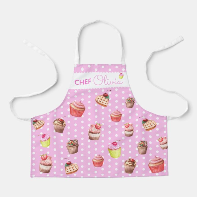 Cute Pink Polka Dot Personalized Chef Cupcake Apro Apron (Front)