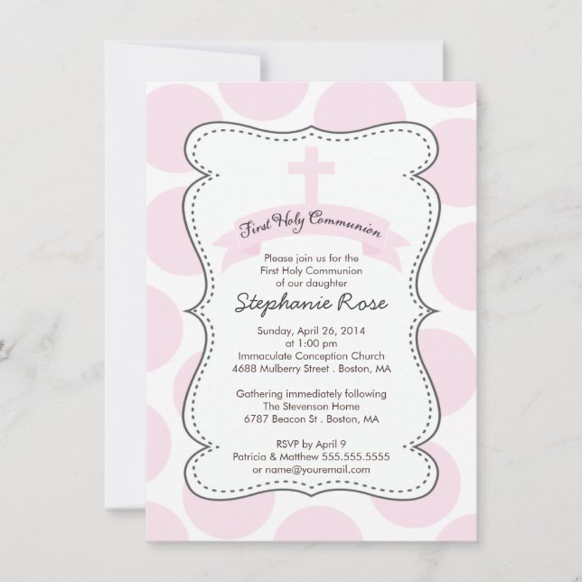 Cute Pink Polka Dots Cross Communion Invitation (Front)