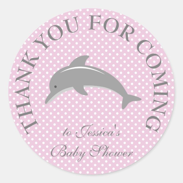Cute pink polka dots dolphin baby shower stickers (Front)