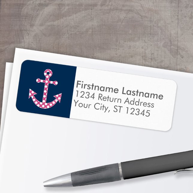 Cute Pink Polka Point Ancre Navy - Adresse de reto (Custom Return Address Labels - Low Minimum)