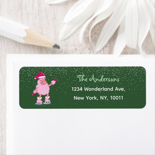 Cute Pink Poodle Christmas Green Return Address (Insitu)