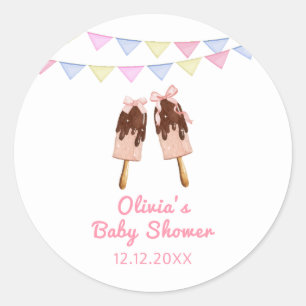 Cute Pink Popcicle Bow Ice Cream Baby Shower  Classic Round Sticker
