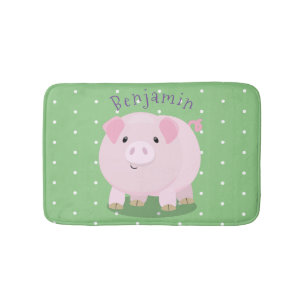 Cute pink pot bellied pig cartoon illustration bath mat