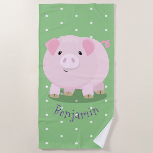Cute pink pot bellied pig cartoon illustration beach towel