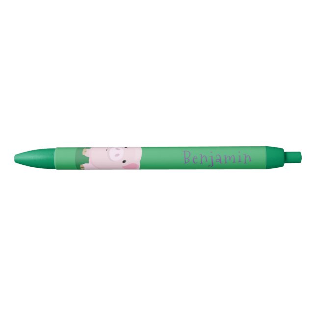 Cute pink pot bellied pig cartoon illustration black ink pen (Front)