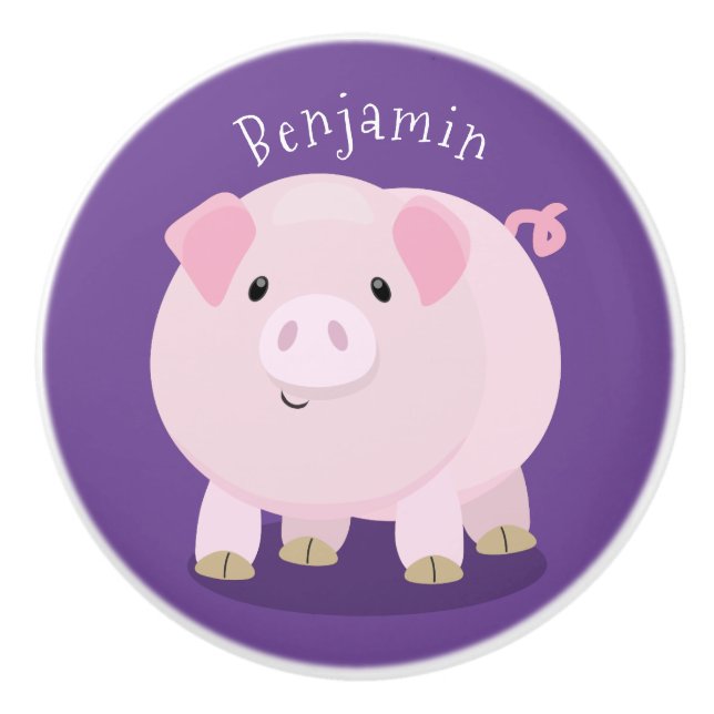 Cute pink pot bellied pig cartoon illustration ceramic knob (Front)