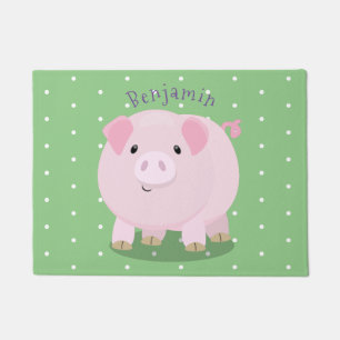 Cute pink pot bellied pig cartoon illustration doormat