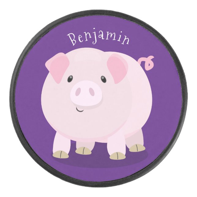 Cute pink pot bellied pig cartoon illustration hockey puck (Front)
