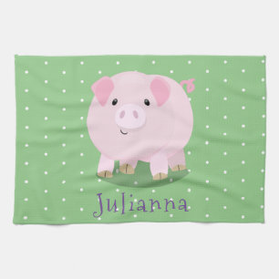 Cute pink pot bellied pig cartoon illustration kitchen towel