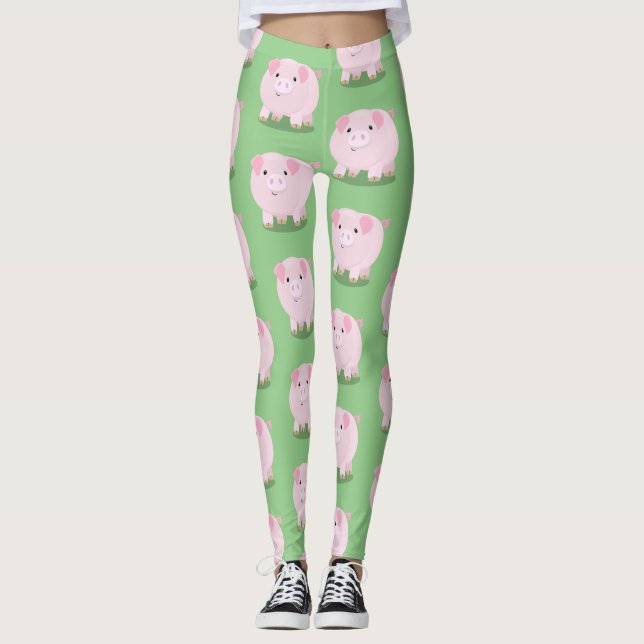 Cute pink pot bellied pig cartoon illustration leggings (Front)